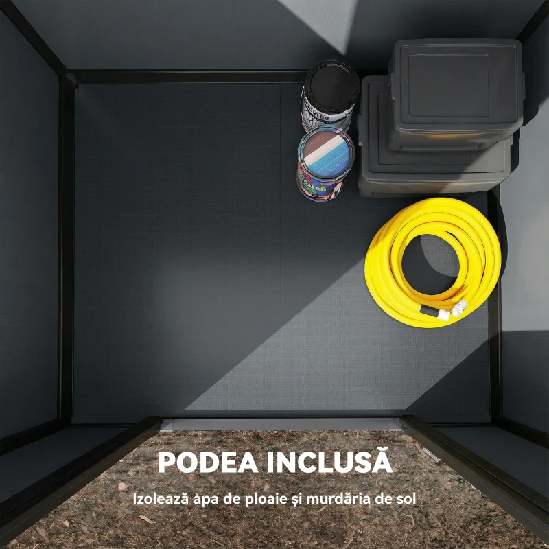 Outsunny Căsuță pentru Unelte cu 2 Intrări, Ferestre și Aerisiri, din PP și Aluminiu, 128x104x196 cm, Gri Închis