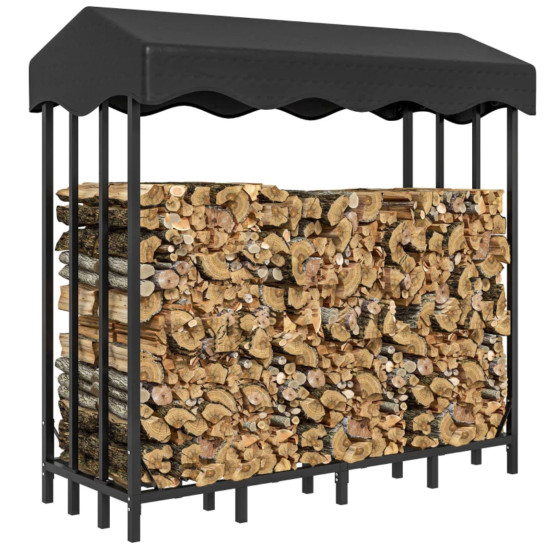 Outsunny Suport pentru lemne cu husă pentru exterior cu structură întărită, impermeabil 143x70x145 cm, Negru