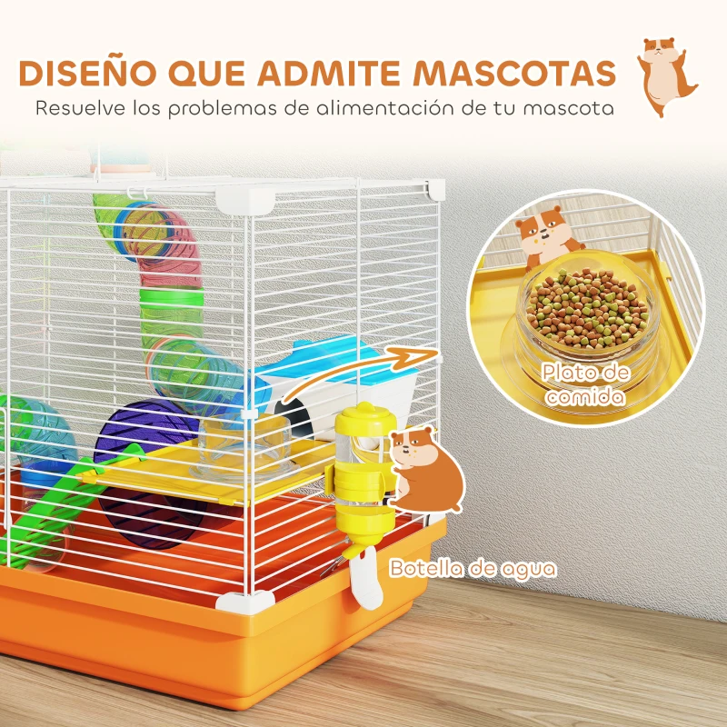 PawHut Jaula para Hámster con Túnel Cuenco Bebedero Casita Rampa Rueda de Ejercicio Bandeja Extraíble 46x30x37 cm Naranja