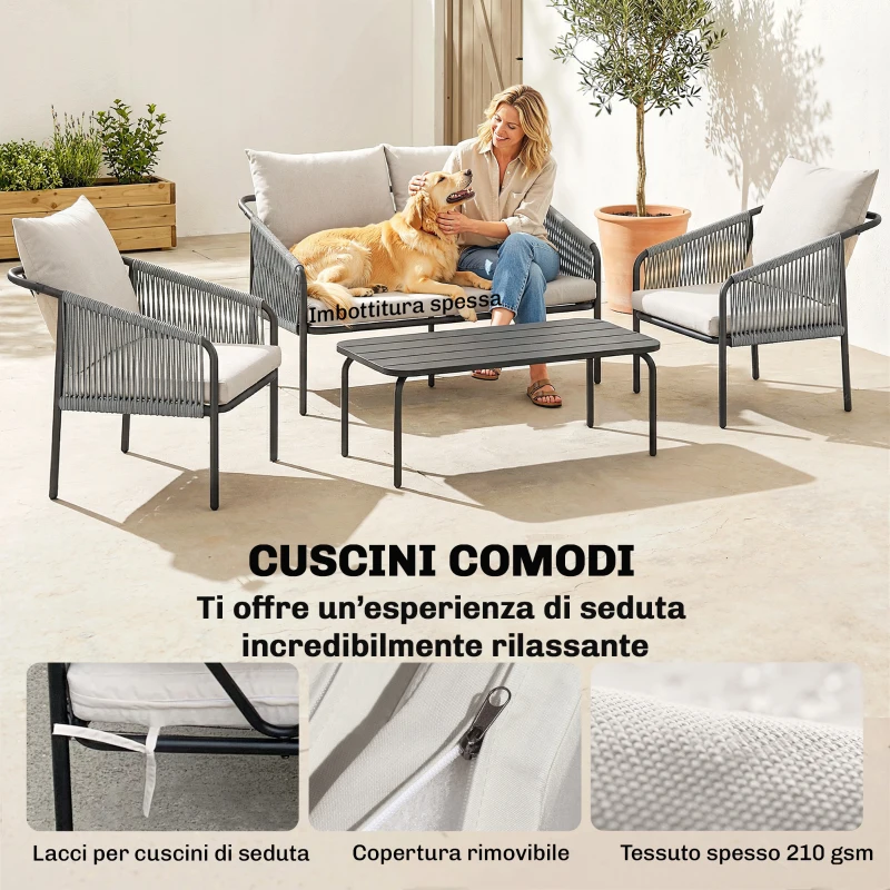 Outsunny Set da Giardino in Rattan 4 Pezzi con Divano, Poltrone, Tavolo, Khaki