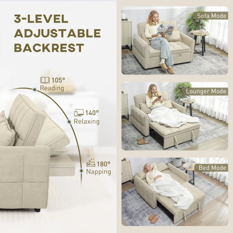 HOMCOM 2 Seater Sofa Bed, 3-in-1 Convertible Sleeper Sofa with Click-clack Adjustable Backrest and 2 Pillows, Light Brown
