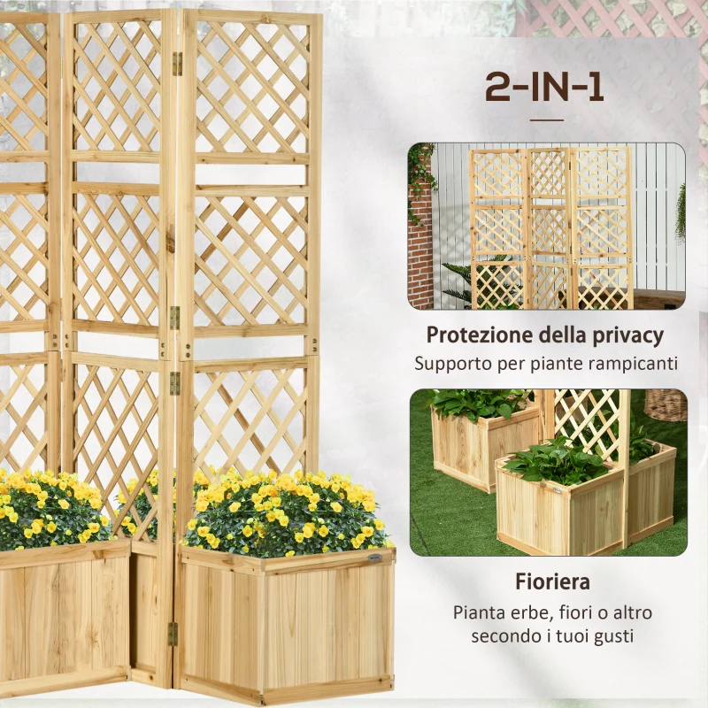 Outsunny Paravento, Schermatura per Giardino Pieghevole con 4 fioriere in Legno Massello, 133 x 62 x 165 cm, Colore Naturale
