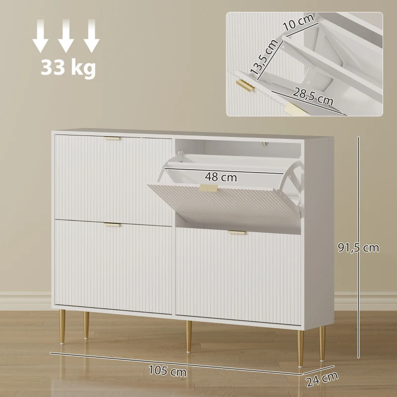 HOMCOM Zapatero Estrecho con 4 Puertas Acanaladas con Estantes Ajustables para 20 Pares de Zapatos 105x24x91,5 cm Blanco