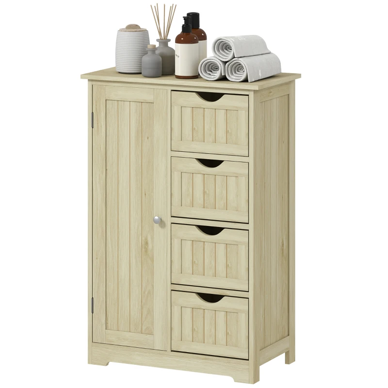 kleankin Armario de Baño Columna de Baño Estrecha con 4 Cajones y Estante Ajustable Estilo Moderno 56x30x83 cm Madera Natural