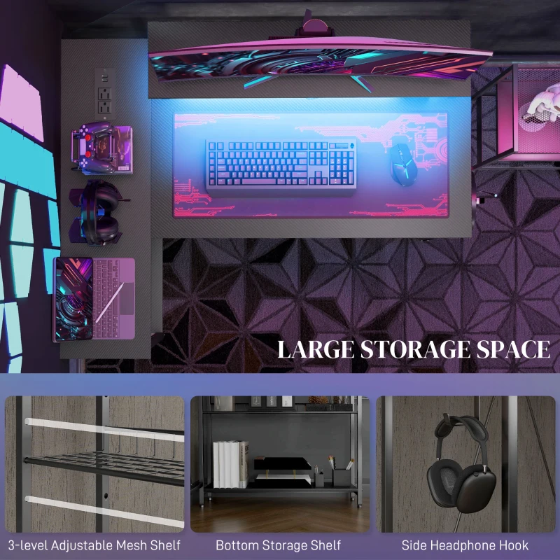 HOMCOM Biurko L-kształtne z LED, gniazdkami, USB, biurko komputerowe z półką, 107 x 80 x 90 cm, czarne