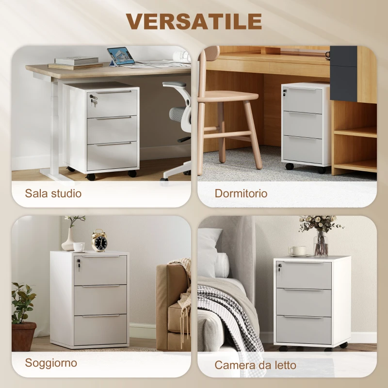 HOMCOM Schedario per Ufficio a 3 Cassetti con Chiavi di Sicurezza e 4 Ruote, in Legno, 40x40x63.5 cm, Bianco e Grigio