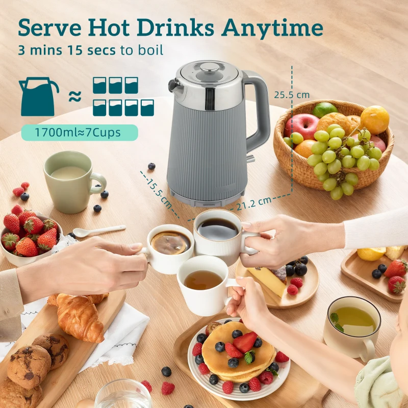 HOMCOM Electric Stainless Steel Kettle and Toaster Set, 3000W 1.7L UK Strix Thermostat Fast Boil Kettle w/ Limescale Filter, Cool Touch Body, 4 Slice Toaster with 7 Browning Levels, Taupe