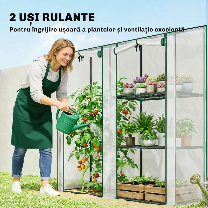 Outsunny Seră Verticală cu 2 Secțiuni și 3 Rafturi, din Plastic și Oțel, 143x45x151 cm, Verde Închis și Transparent