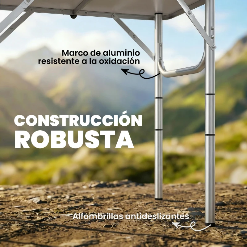 Outsunny Mesa Plegable Camping 60x40x60 cm con Altura Ajustable en 4 Niveles Red de Almacenamiento Marco de Aluminio Negro