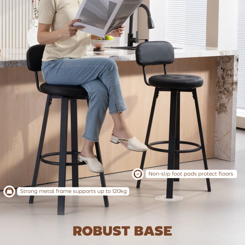 HOMCOM Zestaw 2 Krzeseł Barowych, Obicie z Skóry Ekologicznej, Tapicerowane Siedzisko, Podnóżek, Oparcie, Metalowa Rama, Czarne