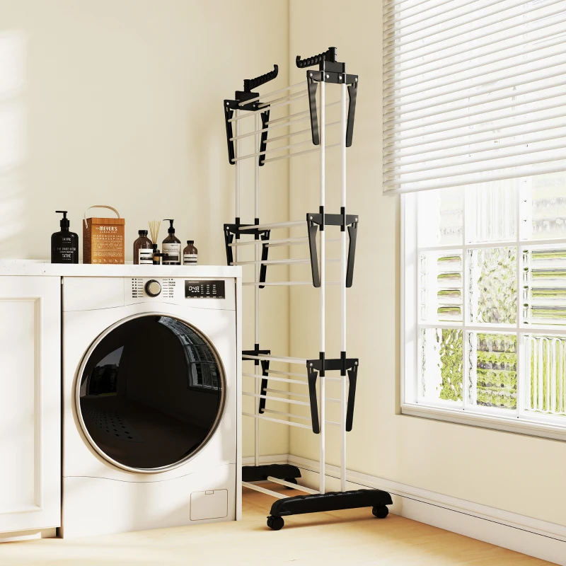 HOMCOM Estendal Dobrável para Roupa com Rodas Estendal Vertical de Aço com 3 Níveis Laterais Dobráveis 73x64x177cm Preto e Branco