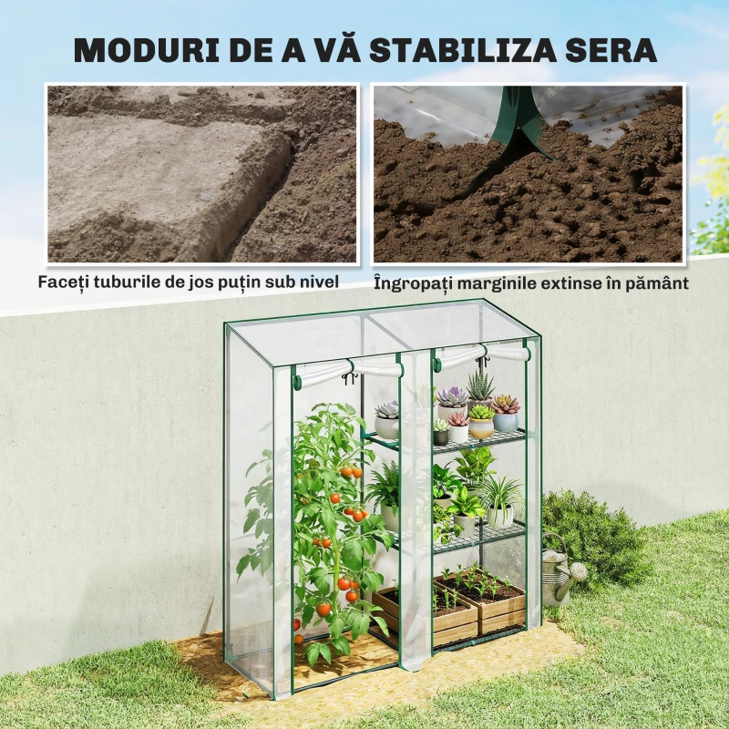 Outsunny Seră Verticală cu 2 Secțiuni și 3 Rafturi, din Plastic și Oțel, 143x45x151 cm, Verde Închis și Transparent
