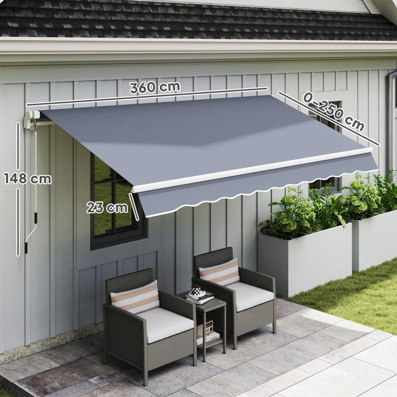 Outsunny Copertină Retractabilă pentru Exterior cu Manivelă, 360x250 cm, Gri