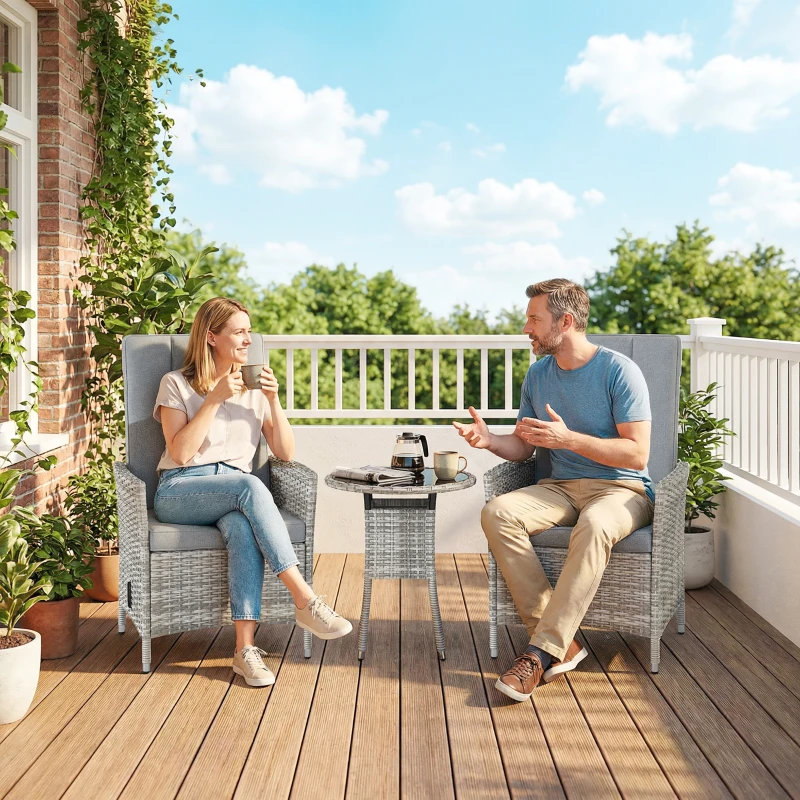 Outsunny Rattan Bistro Set, Reclining Garden Chairs and Glass Coffee Table with Cushions for Patio Balcony Porch, Light Grey