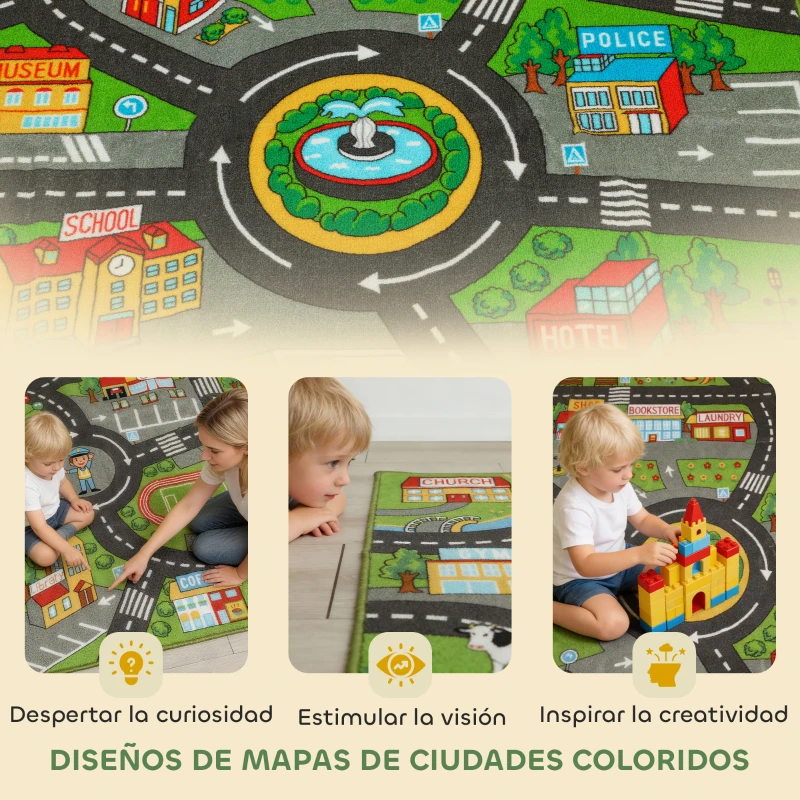 AIYAPLAY Alfombra Infantil Carretera de Ciudad 200x150 cm Alfombra Educativa Antideslizante para Gateo y Jugar con Coches