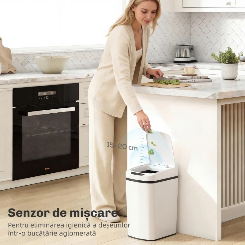 HOMCOM Coș de Gunoi cu Senzor, 12L, Buton Touch și Găleată Detașabilă, Oțel Inoxidabil, ABS și PP, 28x22x41 cm, Alb