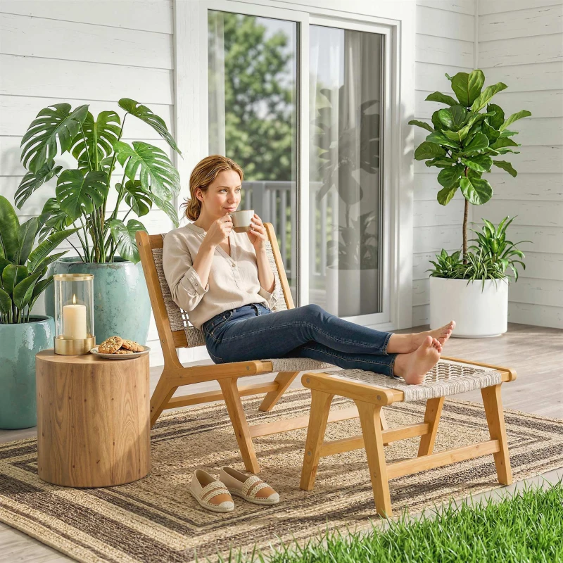 Outsunny Fotoliu de grădină cu taburet 2 piese lemn de acacia certificat FSC fotoliu lounge exterior cu șezut din ratan stil boho picioare reglabile