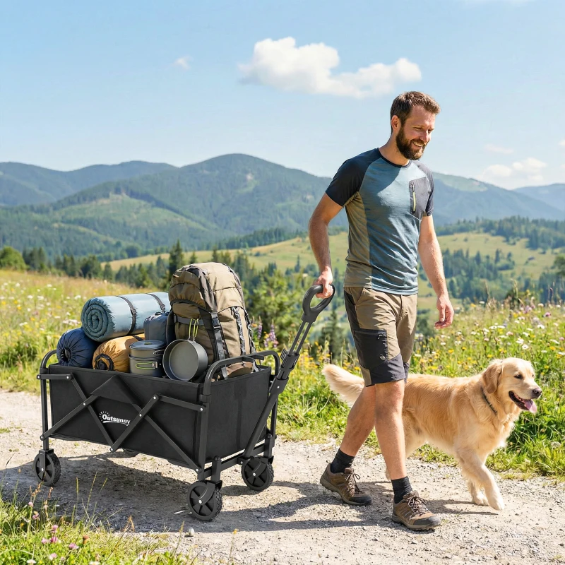 Outsunny Chariot de Jardin Pliable avec Roues Poignée Réglable Charge 68 kg pour Campagne Achat 81x45x89 cm Noir