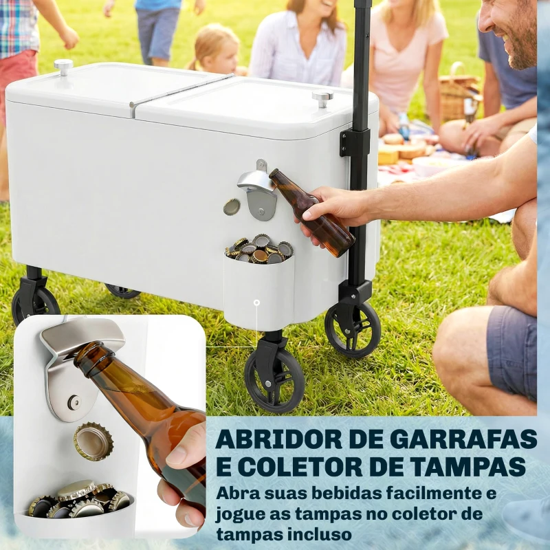Outsunny Carro Frigorífico de 56L com Rodas Pega Ajustável Abre-garrafas Recolhe-tampas Dreno 75x35x120 cm Branco