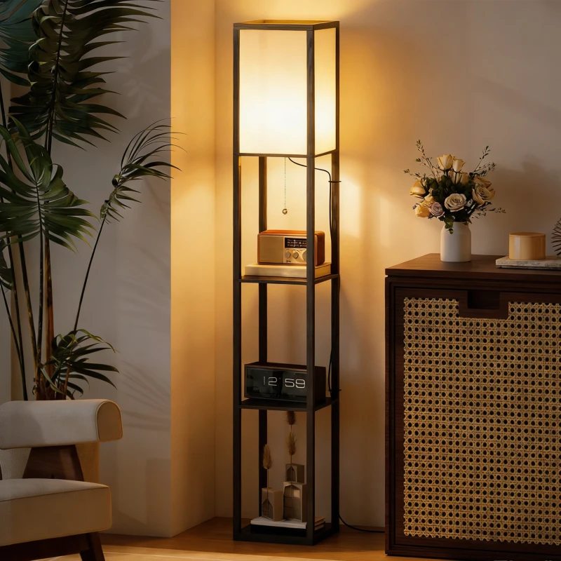 HOMCOM Lampada a Terra 40W con 3 Mensole Integrate e Interruttore a Tirante, Lampada Moderna in MDF e PS, 26x26x160 cm, Nero e Bianco