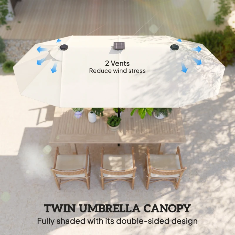 Outsunny Umbrelă Dublă cu Lumini LED și Manivelă, din Poliester și Oțel, 2.92x1.5x2.2 m, Bej