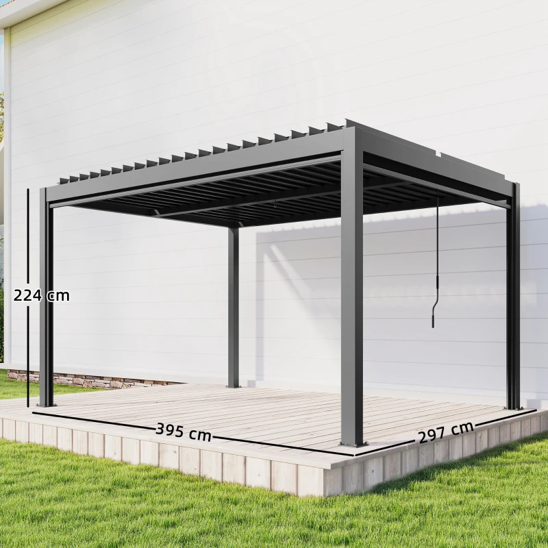 Outsunny Pergola bioclimatique 4x3m, pergola aluminium avec lames orientables, manivelle, stores latéraux coupe-vent, gris foncé