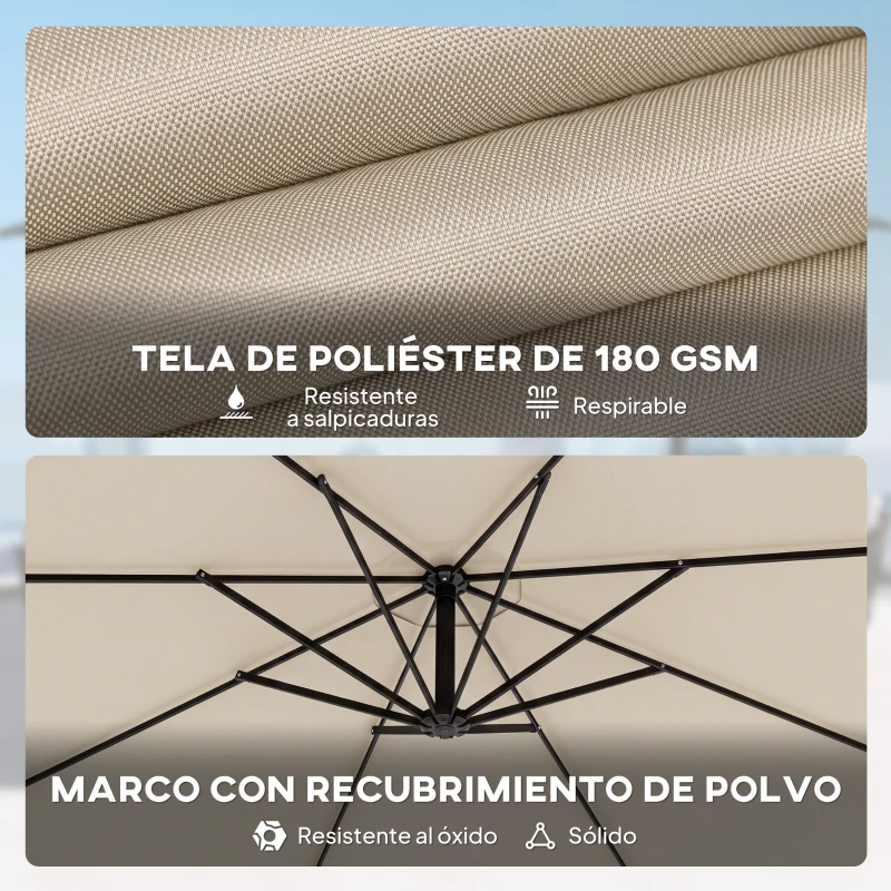 Outsunny Parasol Excéntrico Ø300 cm con Base Cruzada Toldo Ajustable y Manivela UPF30+ para Terraza Patio Blanco Crema
