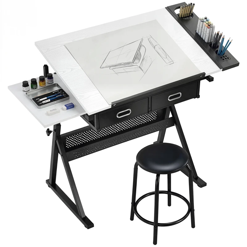 HOMCOM Masă de desen cu taburet și 2 sertare, înălțime reglabilă, blat înclinabil 0° à 60°, 120 x 60 x 68-92 cm, alb
