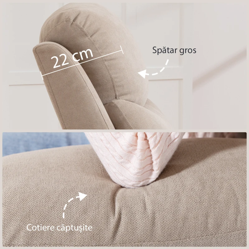 HOMCOM Fotoliu Rabatabil Manual cu Perne Groase, Mânere Căptușite și Suport pentru Picioare, Bej
