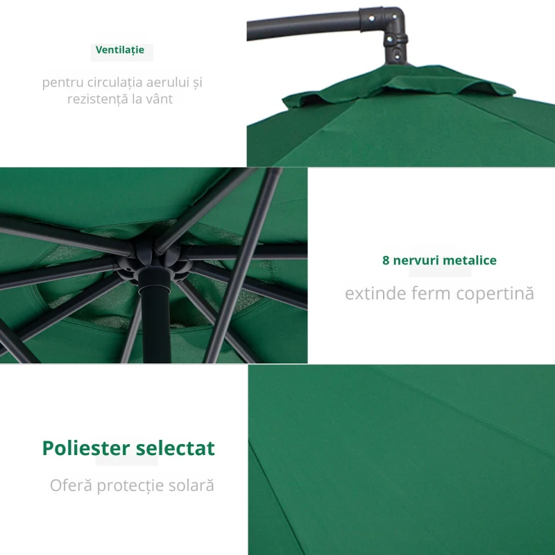 Outsunny Umbrela laterala din metal, verde, 3m
