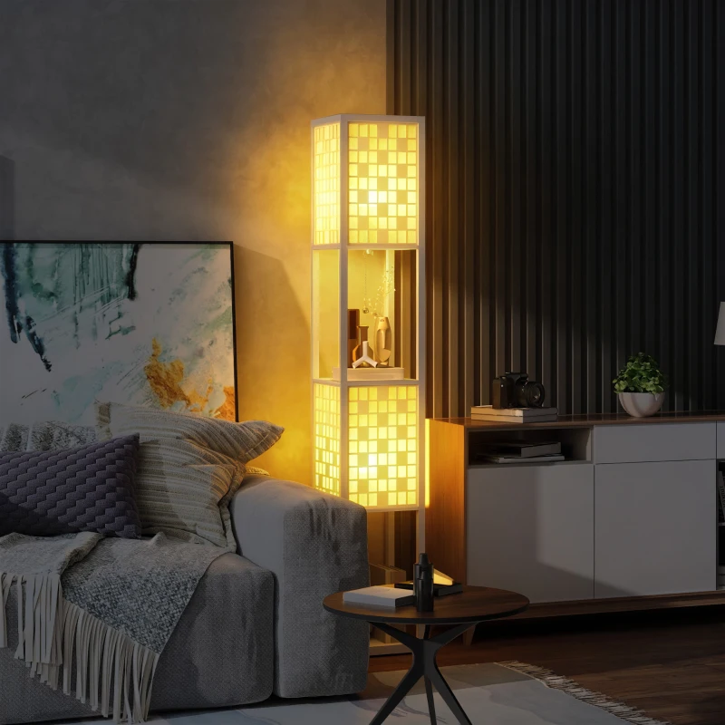 HOMCOM Floor Lamp with Shelves, 2 Layer Grid Pattern Column Modern Standing Lamp with Foot Switch and Pull Chain for Living Room, Bedroom, Office, Bulb Not Included, White