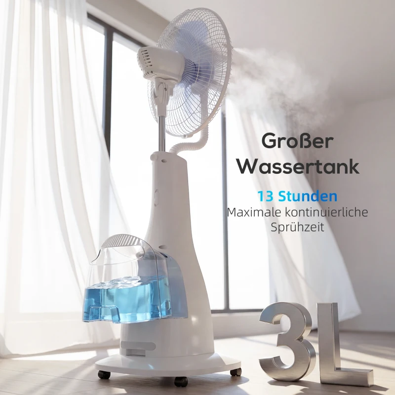 HOMCOM Stehventilator mit Wassernebel, 75° Oszillation, 3 Geschwindigkeiten, 3 Modi, Weiß