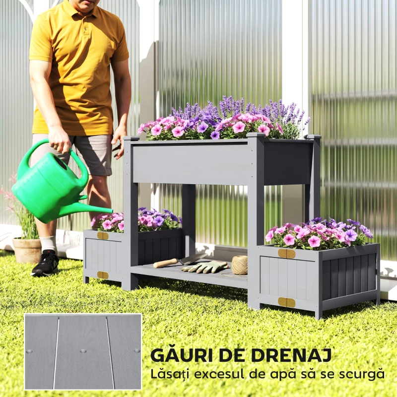 Outsunny Jardinieră Ridicată cu 2 Ghivece Laterale și Raft pentru Unelte, din Lemn de Brad, 149x46x76 cm, Gri