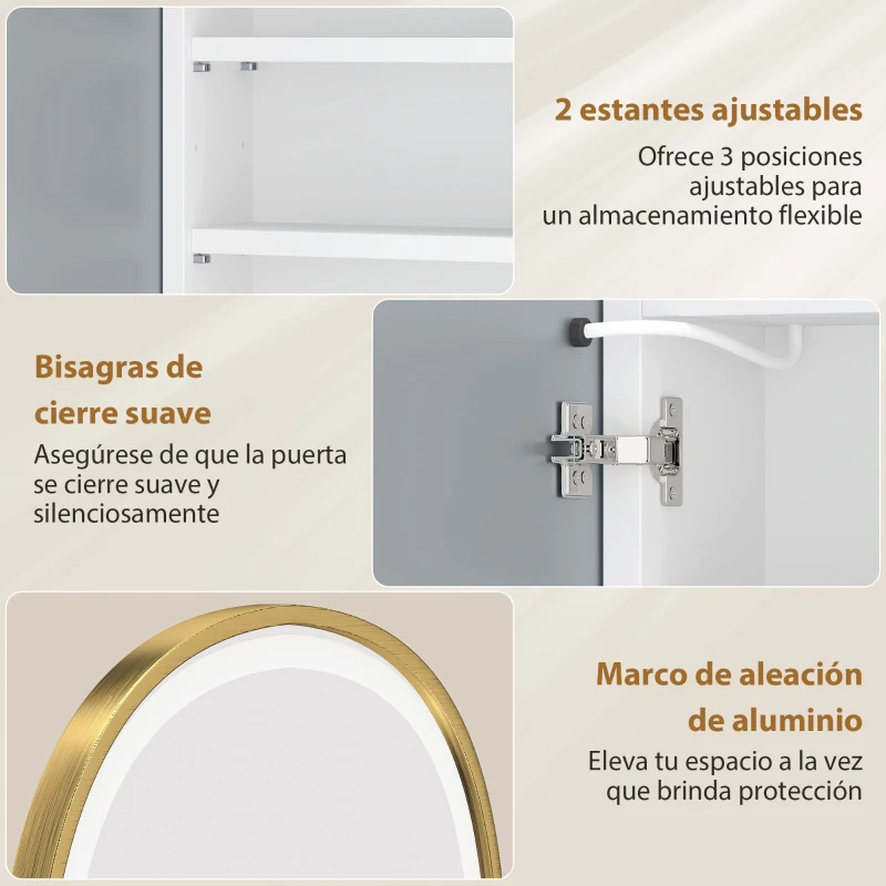 HOMCOM Armario de Baño con Espejo y Luces LED de 3 Colores Armario de Pared Ovalado con Función Memoria y Antivaho Dorado