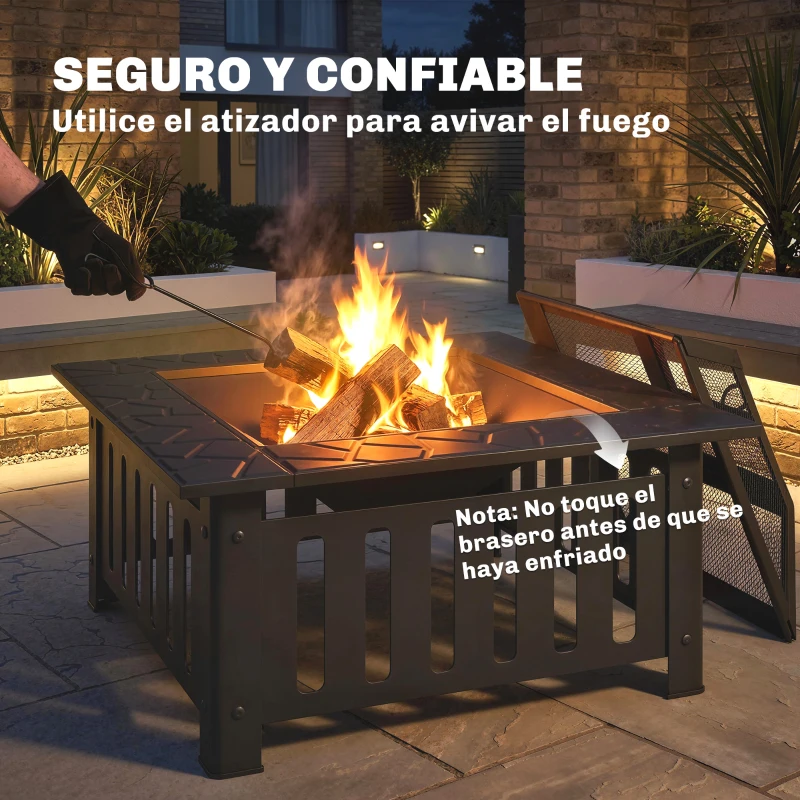 Outsunny Brasero Exterior de Acero Cuadrado 67x67x47 cm Brasero Exterior Jardín con Atizador Tapa de Malla para Fiesta Negro