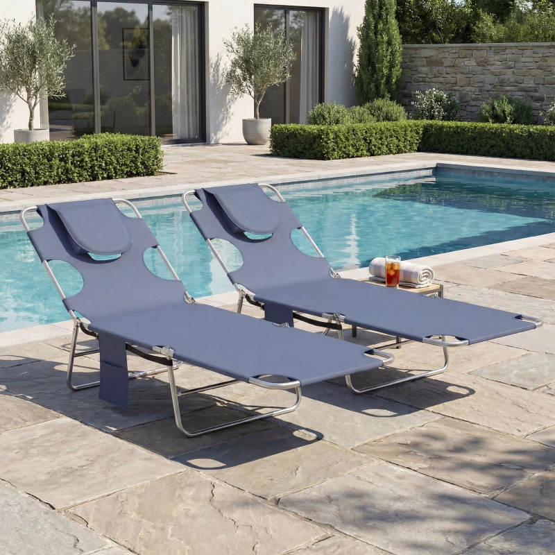 Outsunny 5-Position Adjustable Sun Loungers Set of 2 with Reading Hole and Side Pocket, Grey