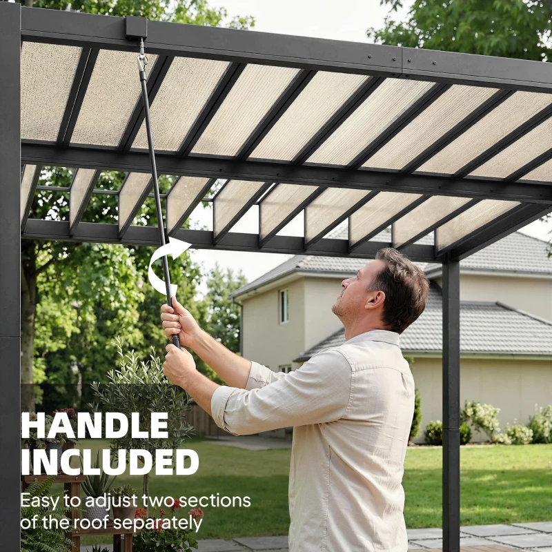 Outsunny 3 x 3 m Louvered Pergola with PC Roof, Aluminium Patio Gazebo Pergola Canopy with Drainage Gutters, Handle, Coffee