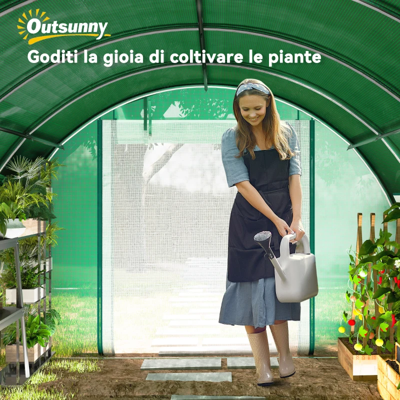 Outsunny Serra a Tunnel 4x3 m con Rete Ombreggiante Extra, Finestre e Ingresso a Zip, in PE e Acciaio, Verde