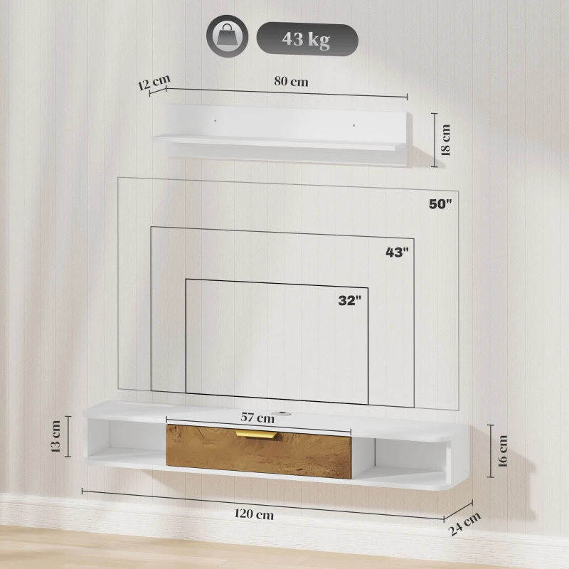 HOMCOM Set hängendes TV-Möbel mit Wandregal wandmontiertes TV-Möbel Holz Kabeldurchlässe 120 x 24 x 16 cm weiß