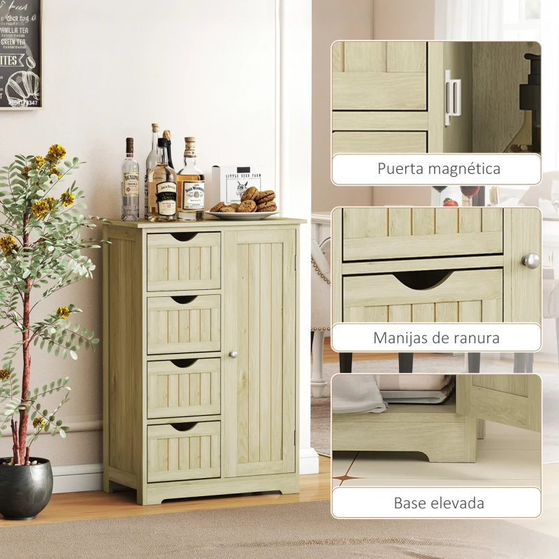 kleankin Armario de Baño Columna de Baño Estrecha con 4 Cajones y Estante Ajustable Estilo Moderno 56x30x83 cm Madera Natural