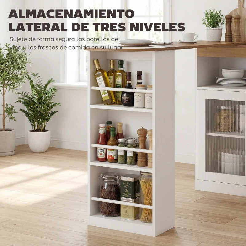 HOMCOM Mesa de Bar Extensible y Giratoria 90° con Estantes Abiertos y 2 Puertas de Vidrio 150x80x105,5 cm Blanco y Natural