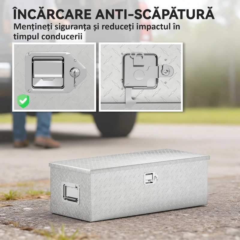HOMCOM Cutie de Scule din Aluminiu cu Lacăt și 2 Chei, Mânere Laterale, Cutie de Depozitare 43L Rezistentă, Ideală pentru Camioane, Autorulote, Remorci, 76.2x33x24.4cm, Argintiu
