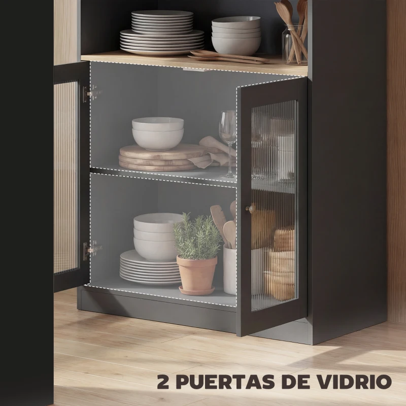 HOMCOM Mesa de Bar Extensible y Giratoria 90° con Estantes Abiertos y 2 Puertas de Vidrio 150x80x105,5 cm Negro y Natural
