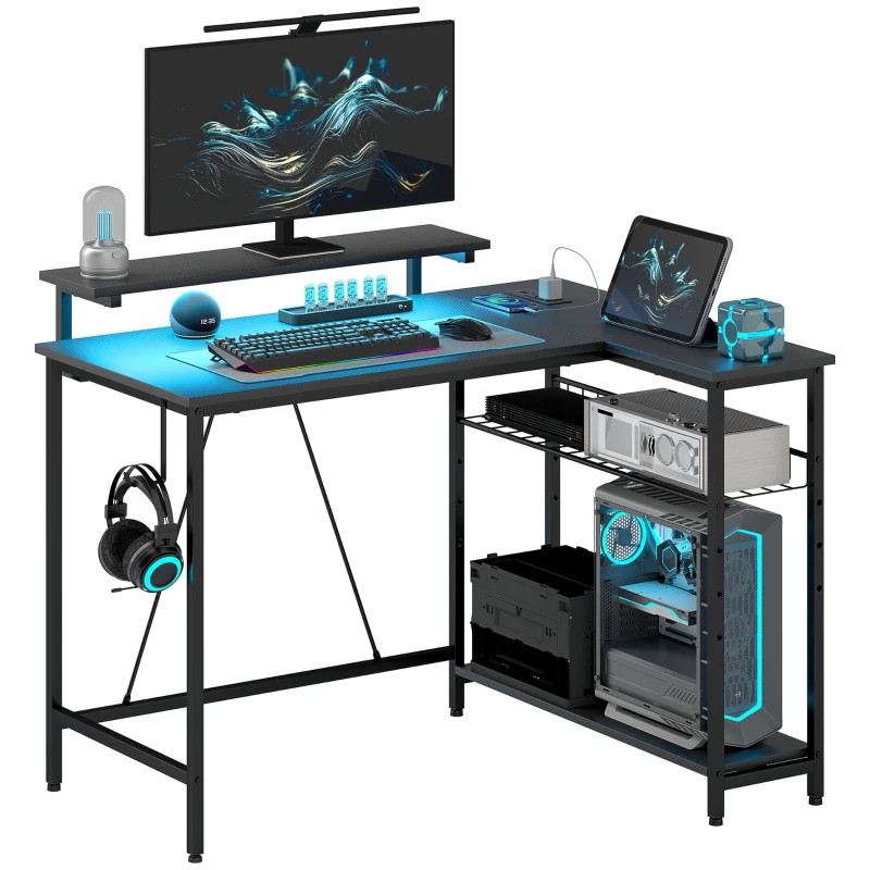 HOMCOM Biurko L-kształtne z LED, gniazdkami, USB, biurko komputerowe z półką, 107 x 80 x 90 cm, czarne