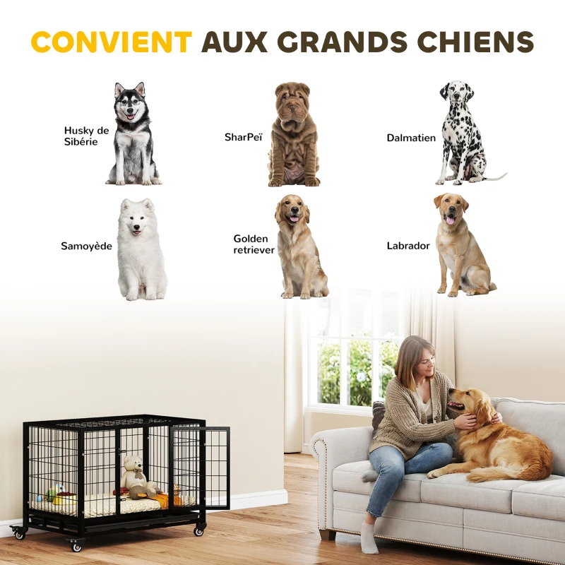 PawHut Cage pour chien animaux cage de transport sur roulettes 2 portes verrouillables plateau amovible 92 x 62 x 75 cm noir