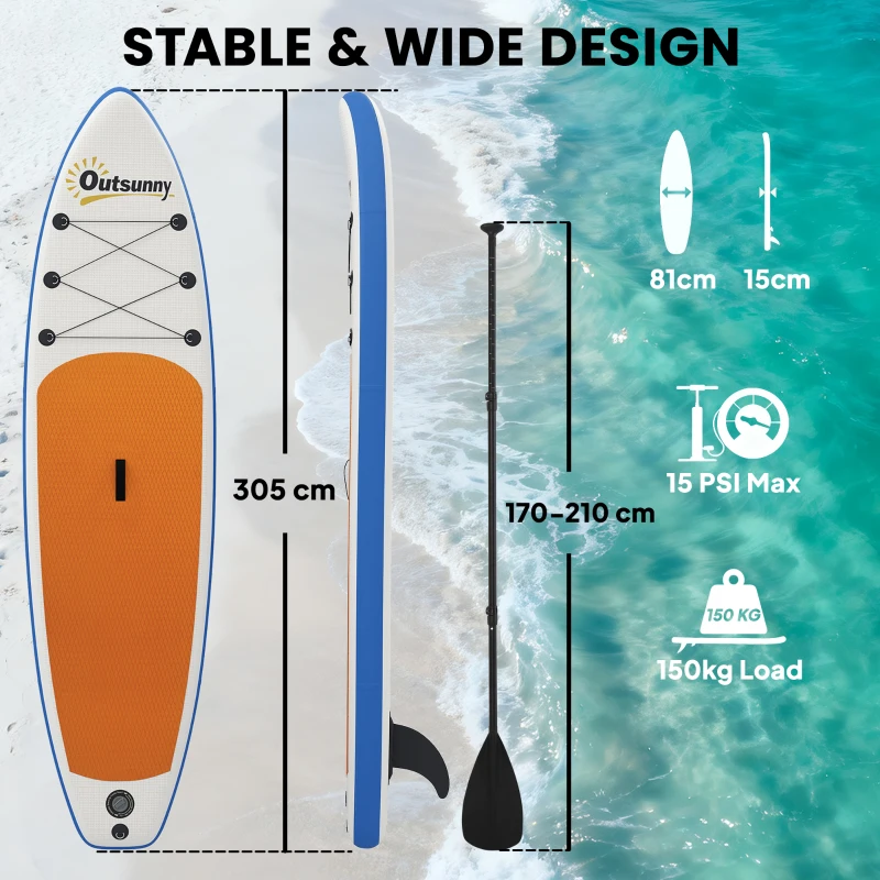 Outsunny Set Placă Stand Up Paddling gonflabilă 305 cm SUP cu vâslă din aluminiu, aripă detașabilă, lesă pentru gleznă