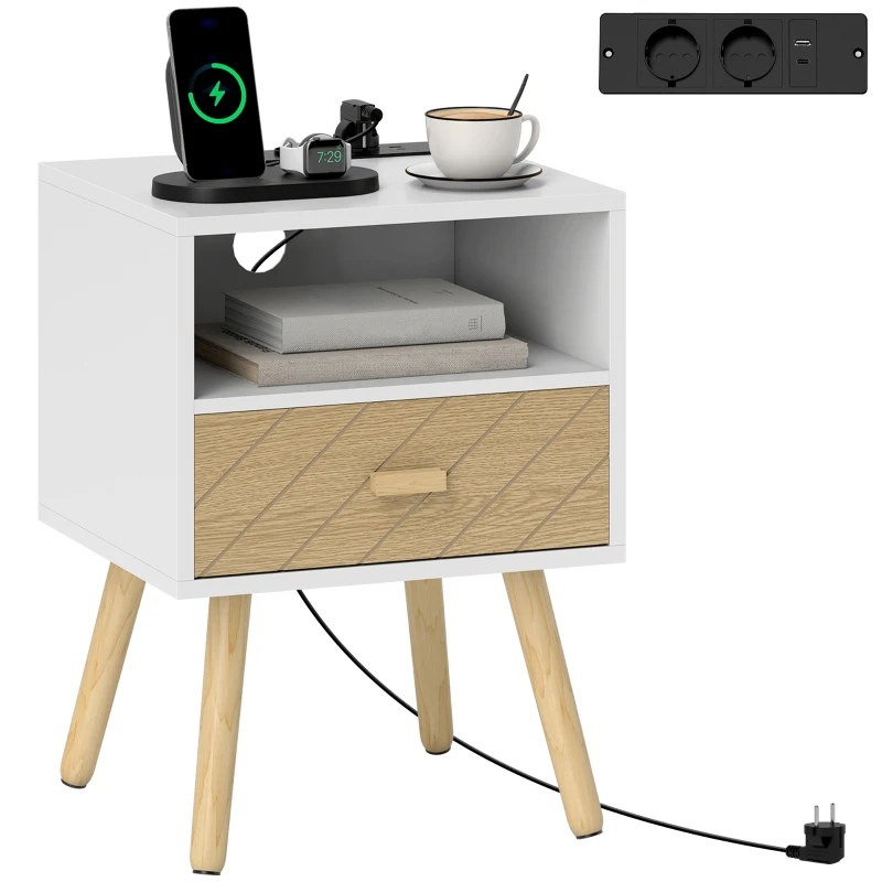 HOMCOM Table de Chevet avec Station de Charge Tiroir 2 Tomas AC Port USB Type-C Compartiment Ouvert Pieds en Bois Blanc