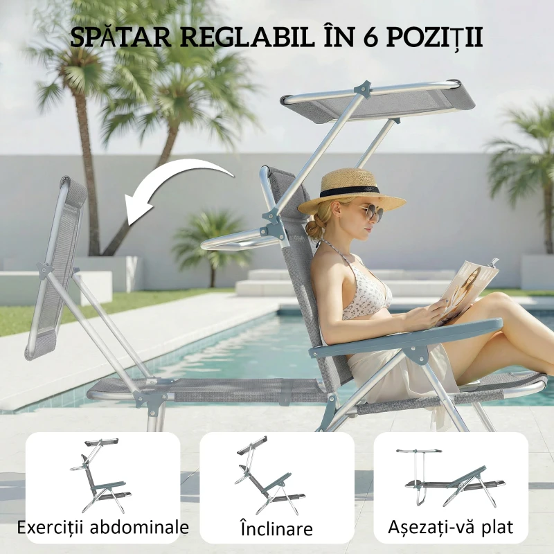 Outsunny Șezlong Reclinabil cu 6 Nivele, Copertină Reglabilă și Tetieră, din Aluminiu și Plasă, 62x68x79, Gri