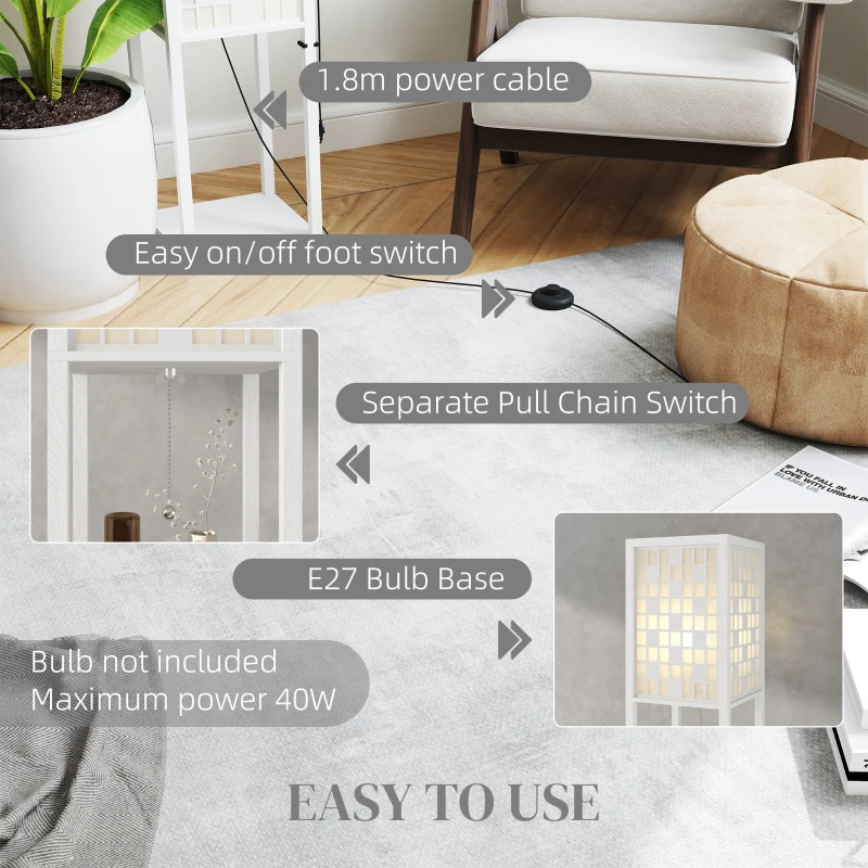 HOMCOM Floor Lamp with Shelves, 2 Layer Grid Pattern Column Modern Standing Lamp with Foot Switch and Pull Chain for Living Room, Bedroom, Office, Bulb Not Included, White