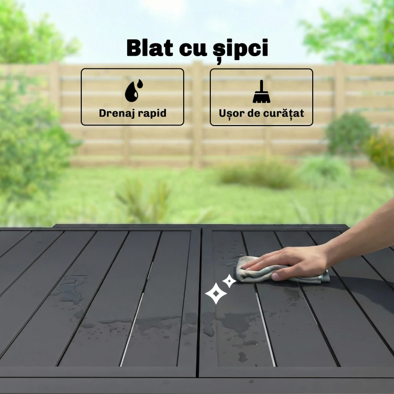 Outsunny Masă Extensibilă cu Șipci pentru Grădină, 4-6 Persoane, din Aluminiu și Oțel, 80/160x80 cm, Negru